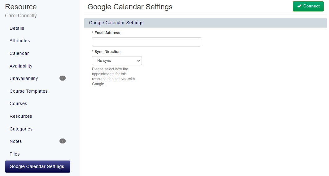 Google Calendar Settings page for Trainers