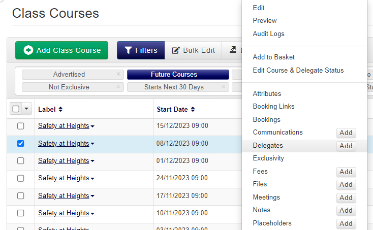 class course datagrid with menu