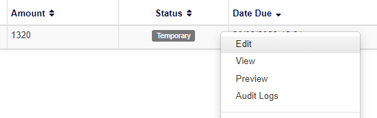 Invoices datagrid edit menu option