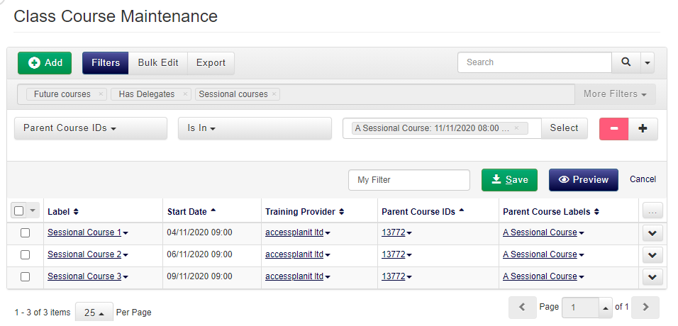 filtered sessional courses within class course maintenance in training management software
