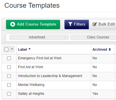 Course Templates DataGrid with 'archived' column included