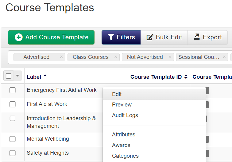 Course Template DataGrid with menu