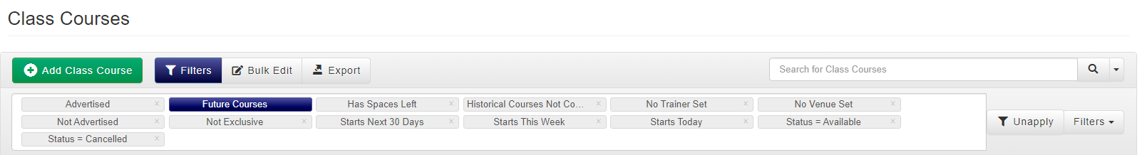 Class Courses filters