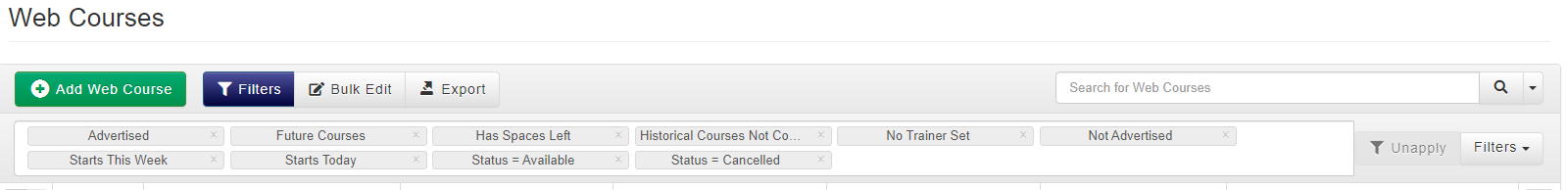 Web Courses filter options