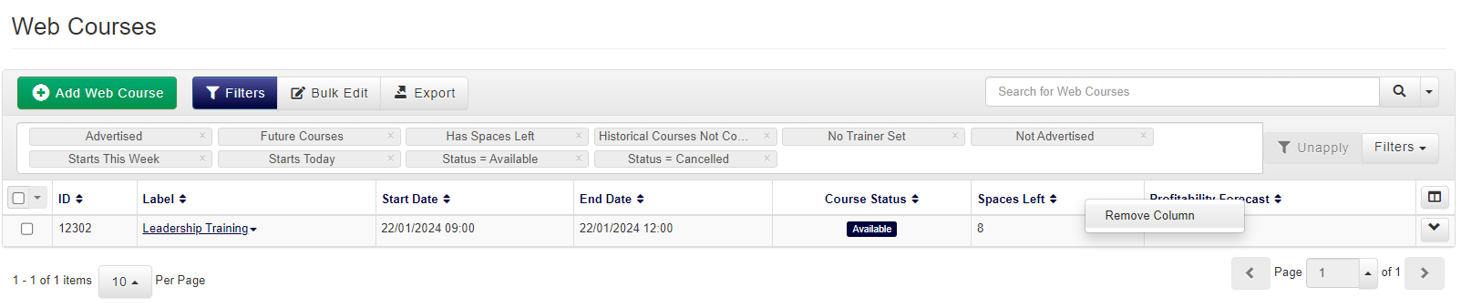 Courses Web Datagrid with Remove column button available