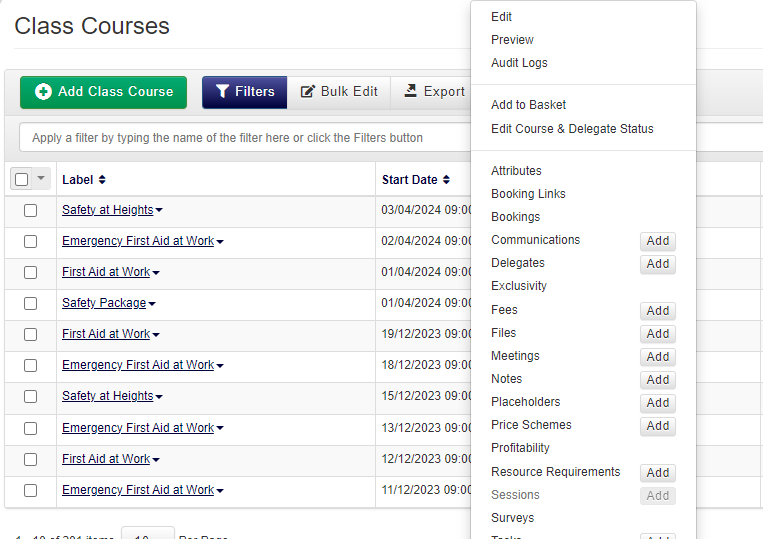 Class course datagrid with menu