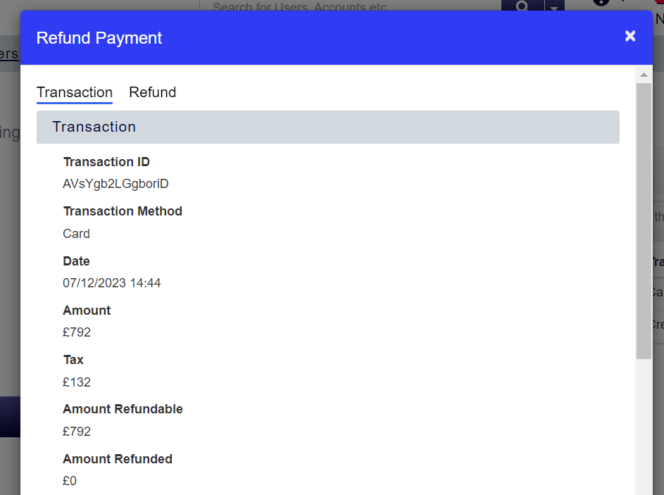 Refund payment pop up box