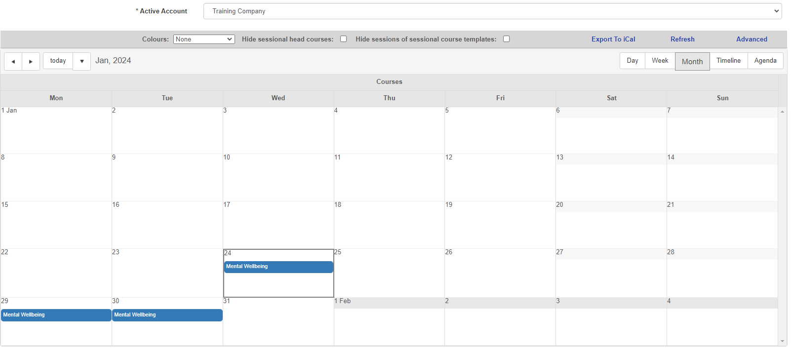 Calendar view with Courses added 