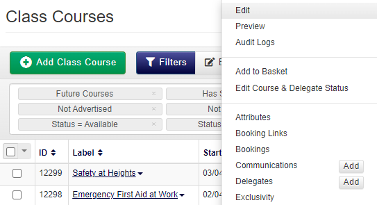 Course datagrid context menu 