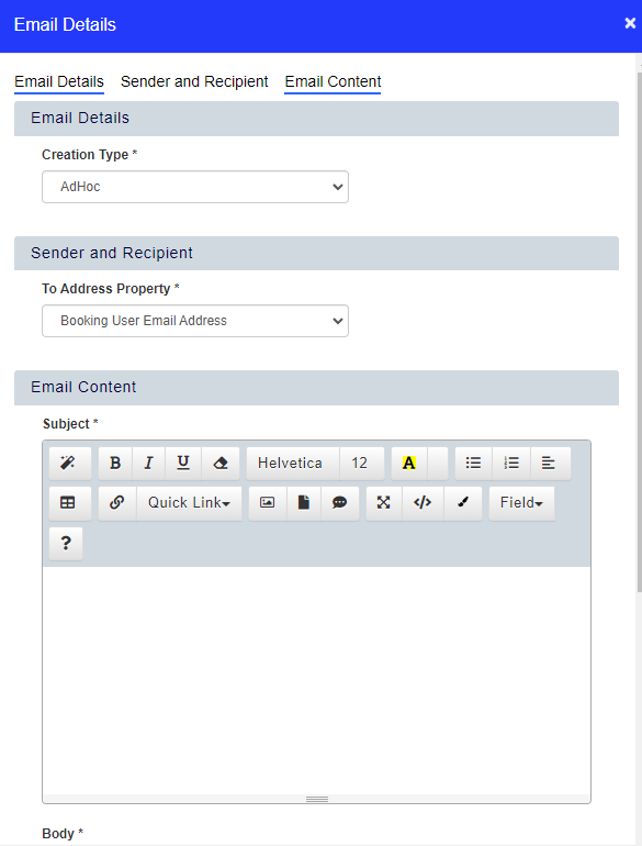 Email details Adhoc option selected 
