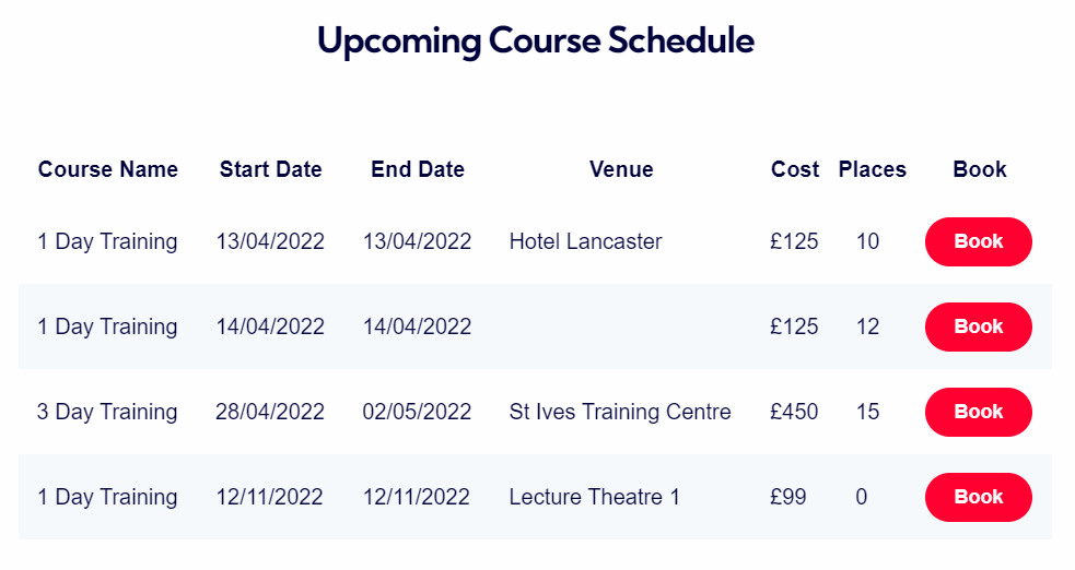 example course schedule on a website