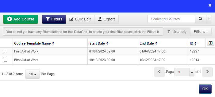 both course dates showing withing datagrid 
