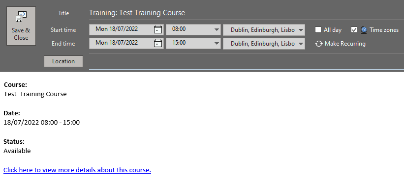 A classroom course sent to Outlook where there is not yet a venue assigned