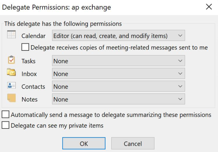 Outlook settings for delegating permissions