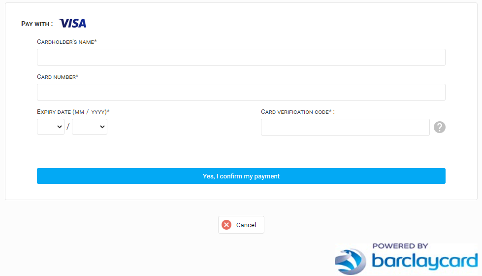 Image of the barclaycard form for users to enter their card details